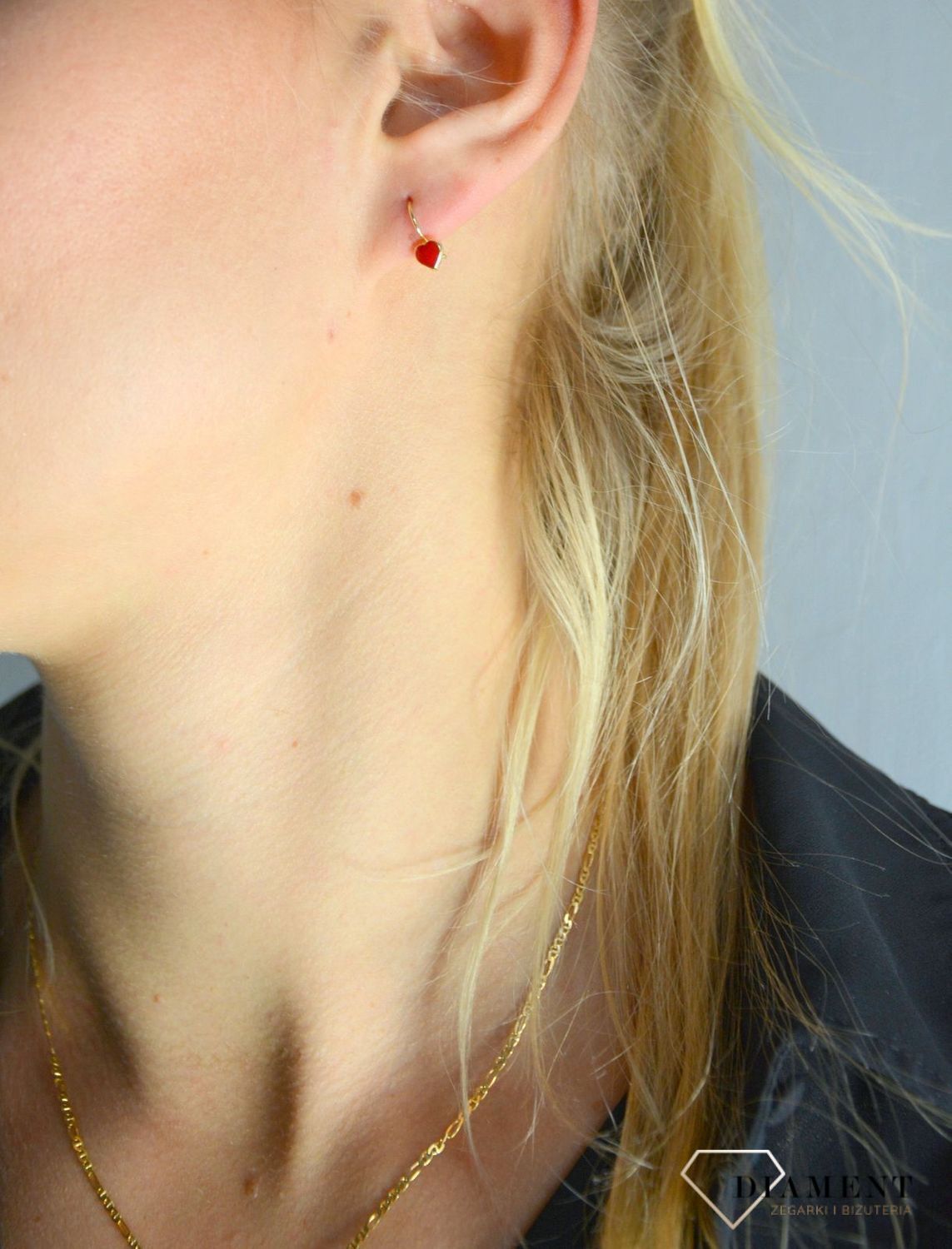 Złote kolczyki dla dziewczynki czerwone serduszko z emalii KL 3596A.jpg